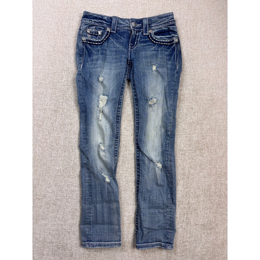 Miss Me Buckle Capri Jeans 24 Blue Distressed Embellished JE5152P12